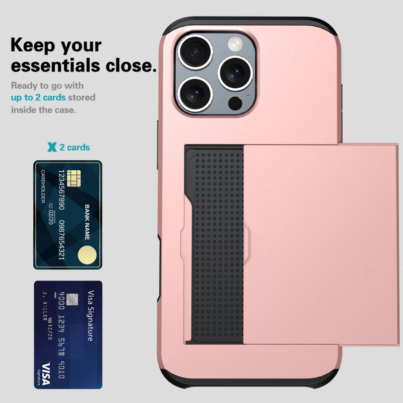 Push Pull Wallet Card Slot Solid Color Shockproof Phone Case For iPhone 16 Pro Max 14 11 12 13 15 Pro Max Mini Bumper Back Cover