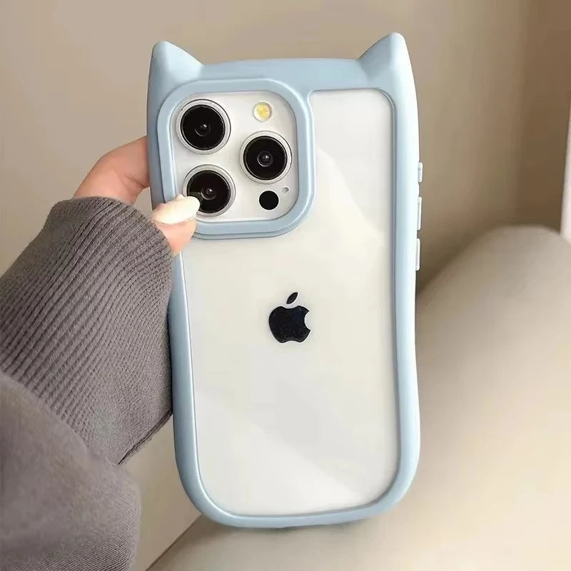 Soft Silicone Cute Cat Ear Phone Case For iPhone 16 17 13 15 14 12 11 Pro Max Air XS Max Funda Transparent Shockproof Back Cover