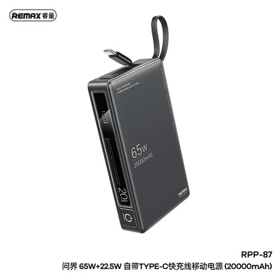 Remax 65W 20000mAh PowerBank Type C For Laptop Tablet Phone Spare battery Portable Charger Mobile External Battery Fast charging