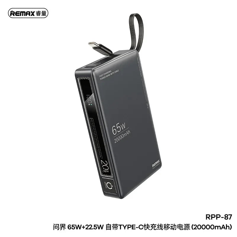 Remax 65W 20000mAh PowerBank Type C For Laptop Tablet Phone Spare battery Portable Charger Mobile External Battery Fast charging