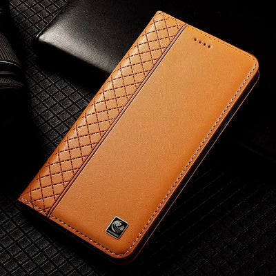 For APPLE iPhone 17 16 16E 15 14 Pro Max Air Plus Flip Case Grid Pattern Magnetic Cover Cowhide Genuine Leather Wallet Covers