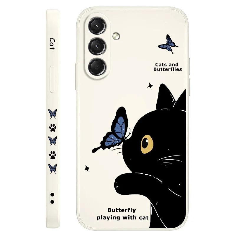 Cat Butterfly Phone Case For Samsung Galaxy S25 S24 S23 S22 S21 S20 S10  Ultra Plus FE Note 20 Ultra 10 Plus Cover