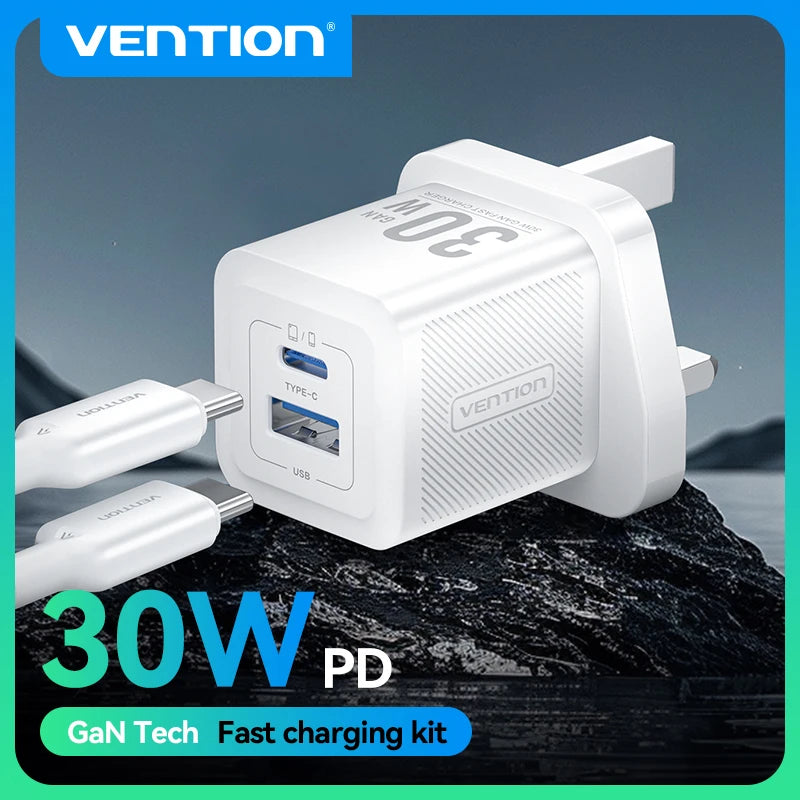Vention 30W GaN USB Type C Charger PD 3.0 Dual Ports Fast Charging for iPhone 8-16 Tablet Xiaomi Samsung USB Type C USB Charger