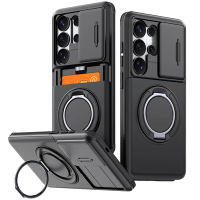 Slide Lens Card Slot Holder Cover Funda For Samsung Galaxy S22 S23 S26 Ultra S25 Plus S24 FE Case Armor Magnetic Holder Coque