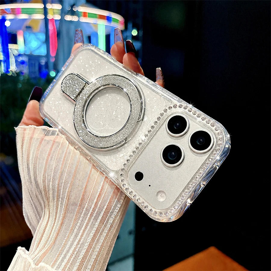 Luxury Sparkling Glitter Magnetic Ring Stand Phone Case for iPhone 18/17 Air/16/15/14/13/12 Pro Max/Pro/Plus Series, Crystal Clear Rhinestone Diamond Protective Cover with Raised Camera Lens Protection, Compatible with MagSaf