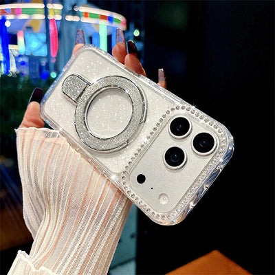 Luxury Sparkling Glitter Magnetic Ring Stand Phone Case for iPhone 18/17 Air/16/15/14/13/12 Pro Max/Pro/Plus Series, Crystal Clear Rhinestone Diamond Protective Cover with Raised Camera Lens Protection, Compatible with MagSaf