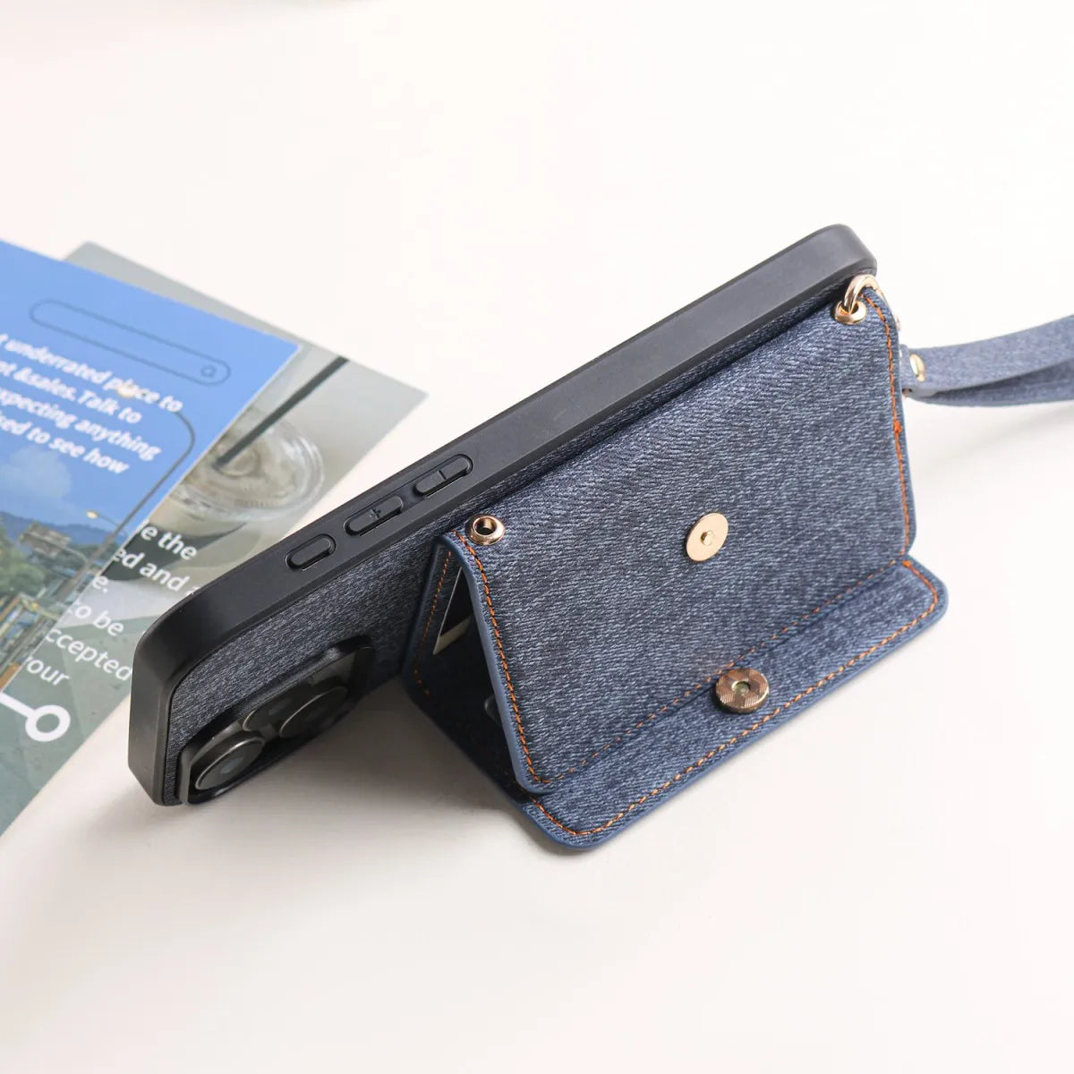 Denim Textured TPU+PU Leather Case for iPhone 12 13 14 15 11 16e Pro/Plus/ProMax Fashionable and Simple Rope Hanging Mirror Card