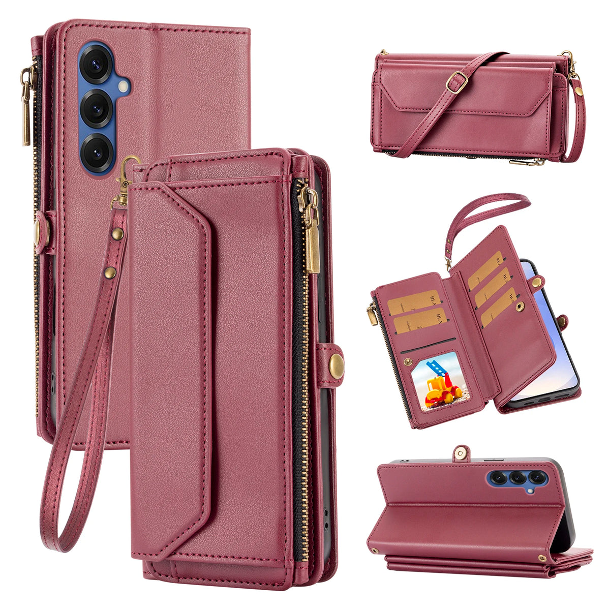 Wallet Protective Case for Samsung S26/S25/S24/S23/S22/S21 Ultra Cross-Shoulder Strap Protective Cover with Multiple Card Slots for Coins Faux Leather Phone Case
