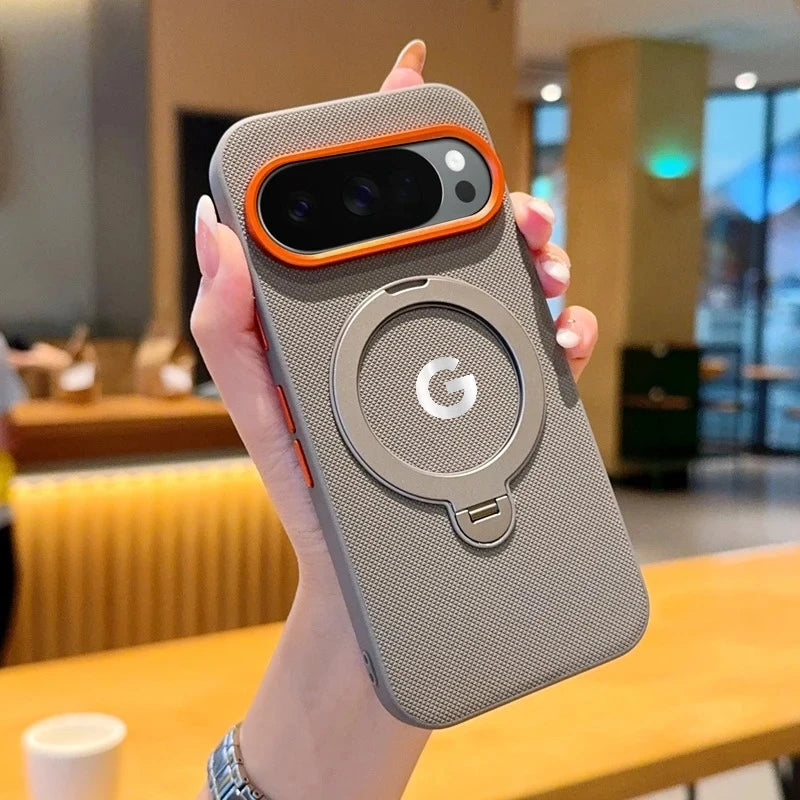 Busines Texture Woven Leather Magnetic Rotable Bracket Case For Google Pixel 11 Pro 10 Pro XL Alloy Button Lens Frame Back Cover