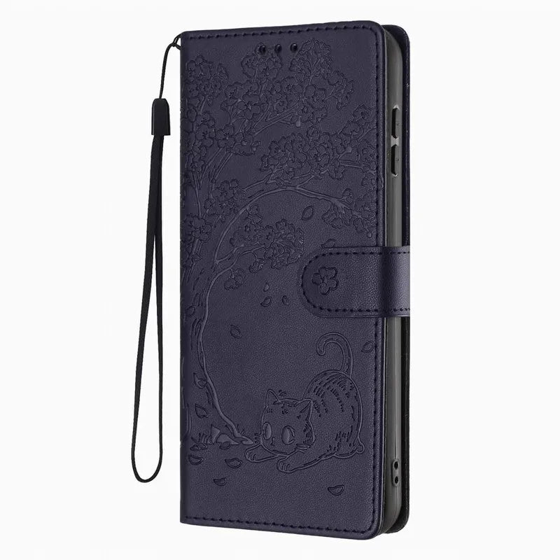 Cute Phone Case For Samsung Galaxy S5 S26 S25 Edge S24 S23 S21 FE S22 Plus Ultra Cash Wallet Cats Under Tree Flip Stand Fundas