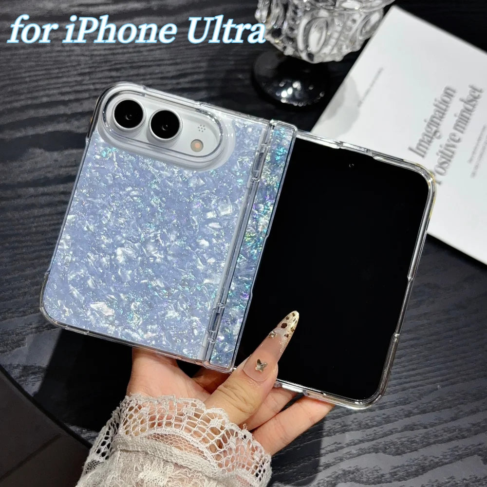 Fashion INS IMD Iridescent Shell Glitter Flip Phone Case For IPhone Duo 18 Fold Skin Feel Hinge Full-protecto Shockproof Cover