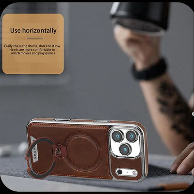 Magnetic Rotat Bracket Luxury Leather Phone Case For iPhone 12 13 14 15 16 17 18 Pro Max Plus Wireless Charging Shockproof Cover