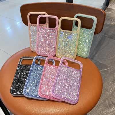 Luxury Sparkling Rhinestone Phone Case, Compatible with iPhone Air/17 Pro Max/16 Pro/15/14/13/12/11, Glitter Acrylic Back Cover, Solid Color Soft-Touch Frame, Large Camera Cutout Protective Case