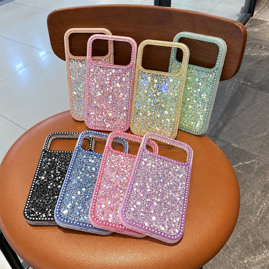 Luxury Sparkling Rhinestone Phone Case, Compatible with iPhone Air/17 Pro Max/16 Pro/15/14/13/12/11, Glitter Acrylic Back Cover, Solid Color Soft-Touch Frame, Large Camera Cutout Protective Case