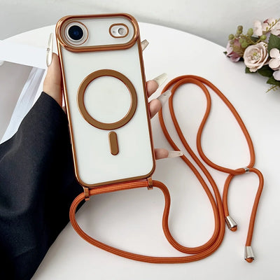 Luxury Necklace Cord Rope Lanyard Plating Magnetic Clear Phone Case For iPhone 17 16 14 12 13 15 Pro Max Air For Magsafe Cover