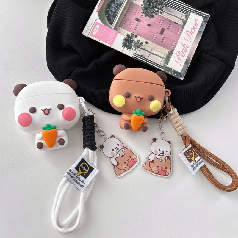 3D Panda Bear Soft Silicone For AirPods Case with Lanyard Keychain for AirPods 4 Pro Pro 2 Pro 3 Cute Shockproof Cover