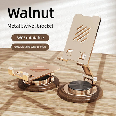 Black Walnut Wood Base Phone Holder Metal Stand 720° Rotating Foldable Desktop Stand Easy Storage for Mobile Phone Tablet Holder