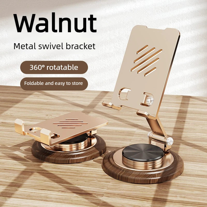 Black Walnut Wood Base Phone Holder Metal Stand 720° Rotating Foldable Desktop Stand Easy Storage for Mobile Phone Tablet Holder