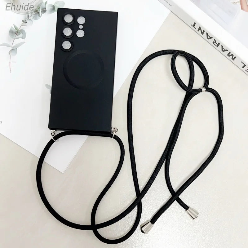 Metallic Paint Magnetic Case For Samsung Galaxy S26 S25 S24 S23 S22 Ultra FE Plus Wireless Crossbody Lanyard Strap Cover