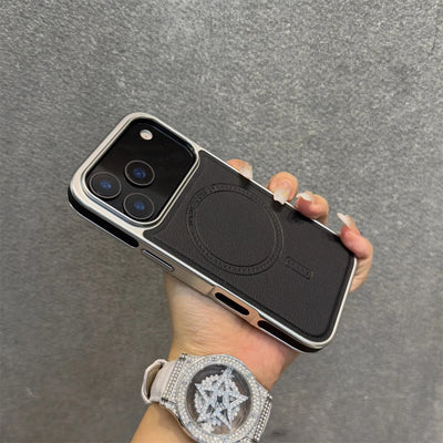 Luxury Leather Magnetic Phone Case for iPhone 17 16 15 Pro Max Plating Frame Original Business Magnets Charging Shockproof Cover