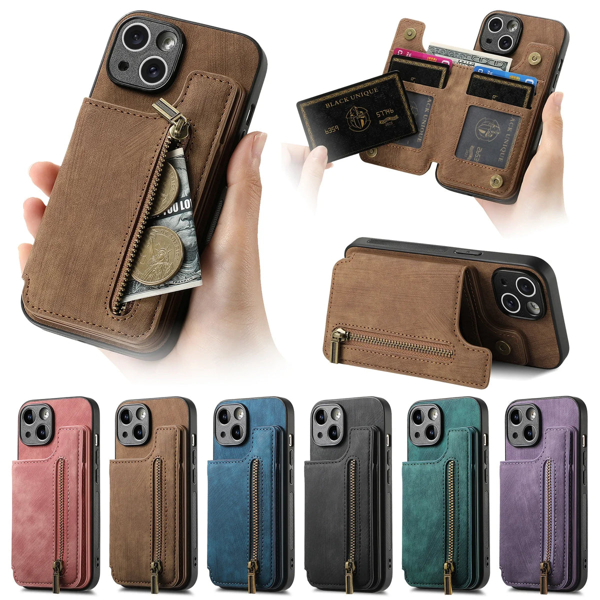 Zipper Card Solt Wallet Leather Case For iPhone 16 Pro Max 17 Air 15 14 Plus 13 12 11 Se2022 Pocket Magnetic Double Buckle Cover