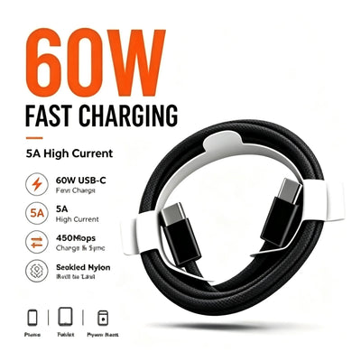 60W PD USB-C to C Fast Charging Braided Low Temp Fast Charging Cable 1M For iPhone 15 16 17 For Xiaomi  For Huawei For Samsung