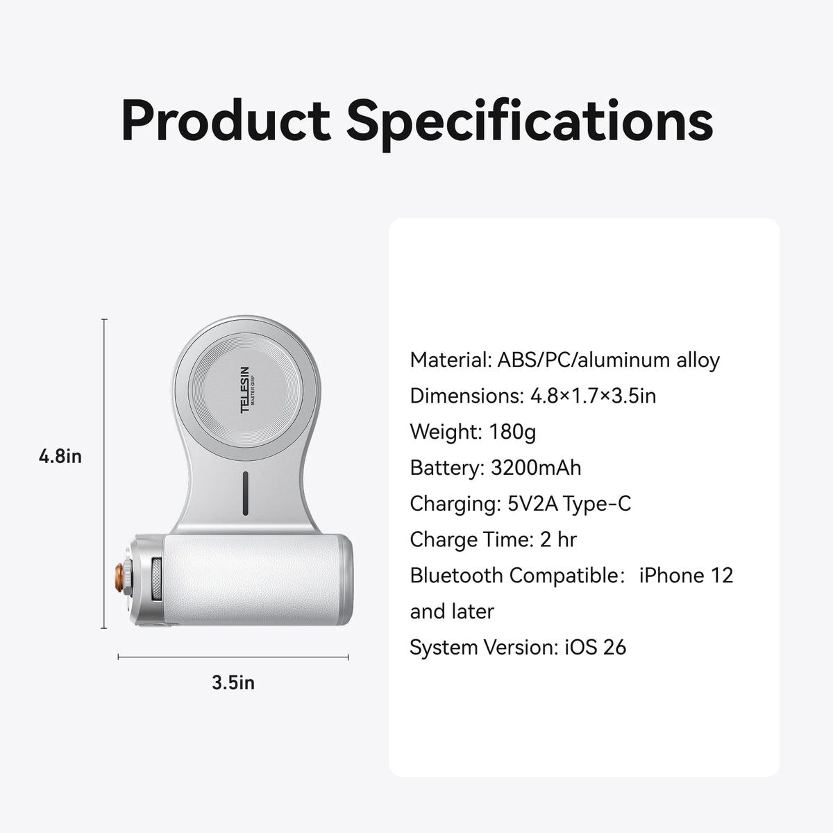TELESIN Magnetic Phone Camera Shoot Hand Grip 3200Mha Powerbank Wireless Charging Phone Holder Shooting Aid for Iphone Andriod
