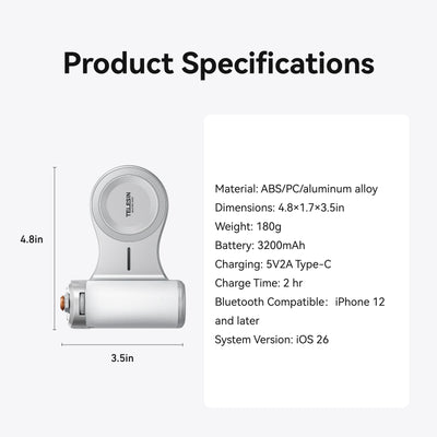 TELESIN Magnetic Phone Camera Shoot Hand Grip 3200Mha Powerbank Wireless Charging Phone Holder Shooting Aid for Iphone Andriod