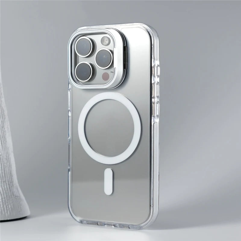 Luxury Camera Lens Holder Clear for Wireless Charge Magsafe Cases For iPhone 18Pro 17 16 15Pro Max Clear Shockproof Cover