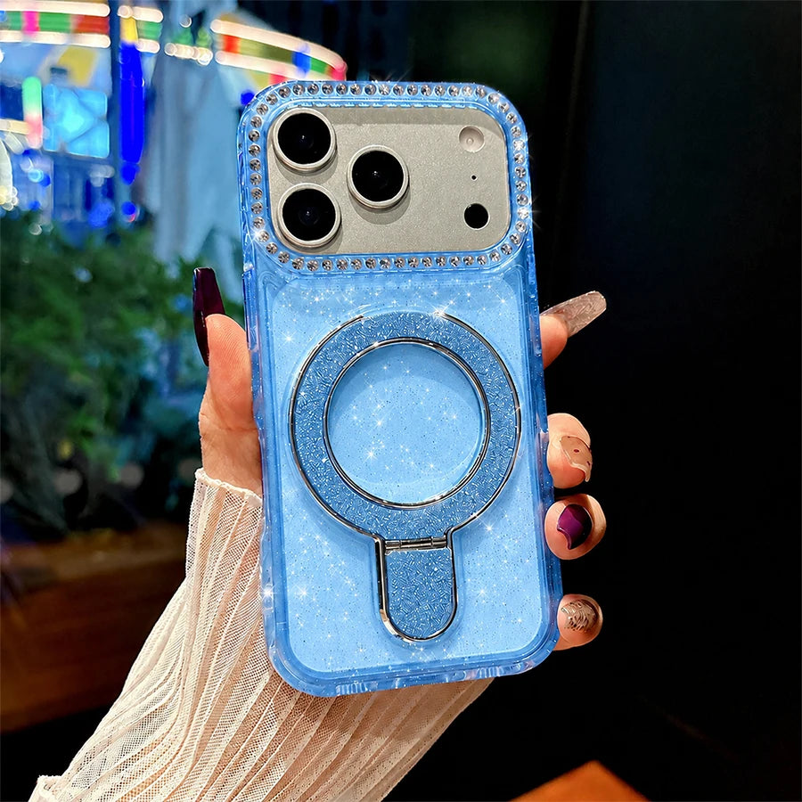 Luxury Sparkling Glitter Magnetic Ring Stand Phone Case for iPhone 18/17 Air/16/15/14/13/12 Pro Max/Pro/Plus Series, Crystal Clear Rhinestone Diamond Protective Cover with Raised Camera Lens Protection, Compatible with MagSaf