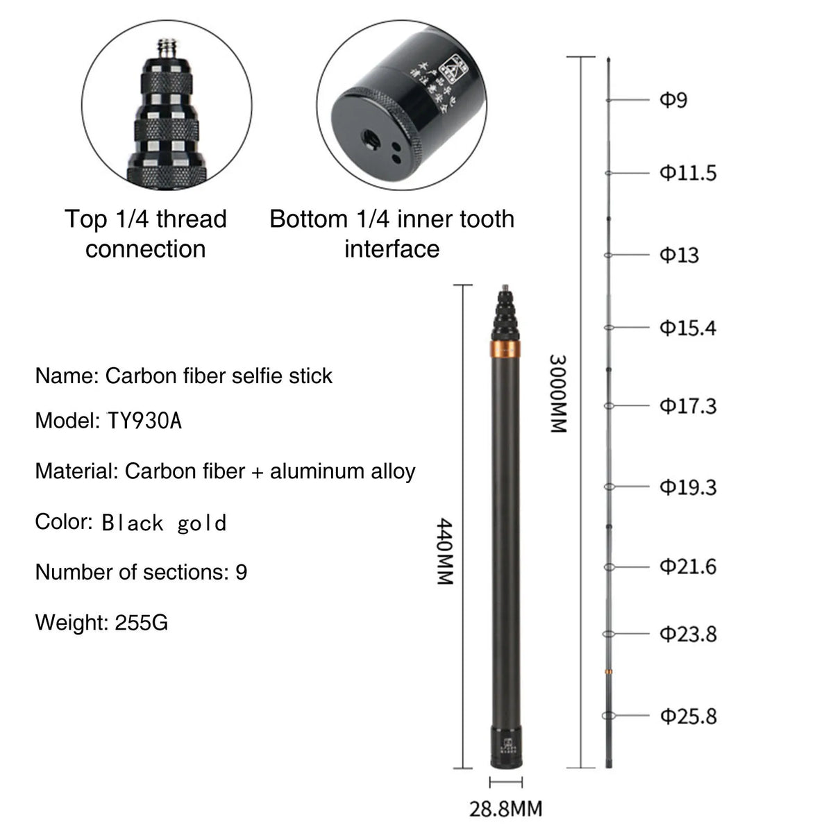 Carbon Fiber Selfie Stick for DJI Osmo Action Insta360 GoPro Action Camera Extended Sticks with 1/4" Hole for Tripod