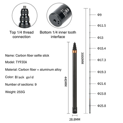 Carbon Fiber Selfie Stick for DJI Osmo Action Insta360 GoPro Action Camera Extended Sticks with 1/4" Hole for Tripod