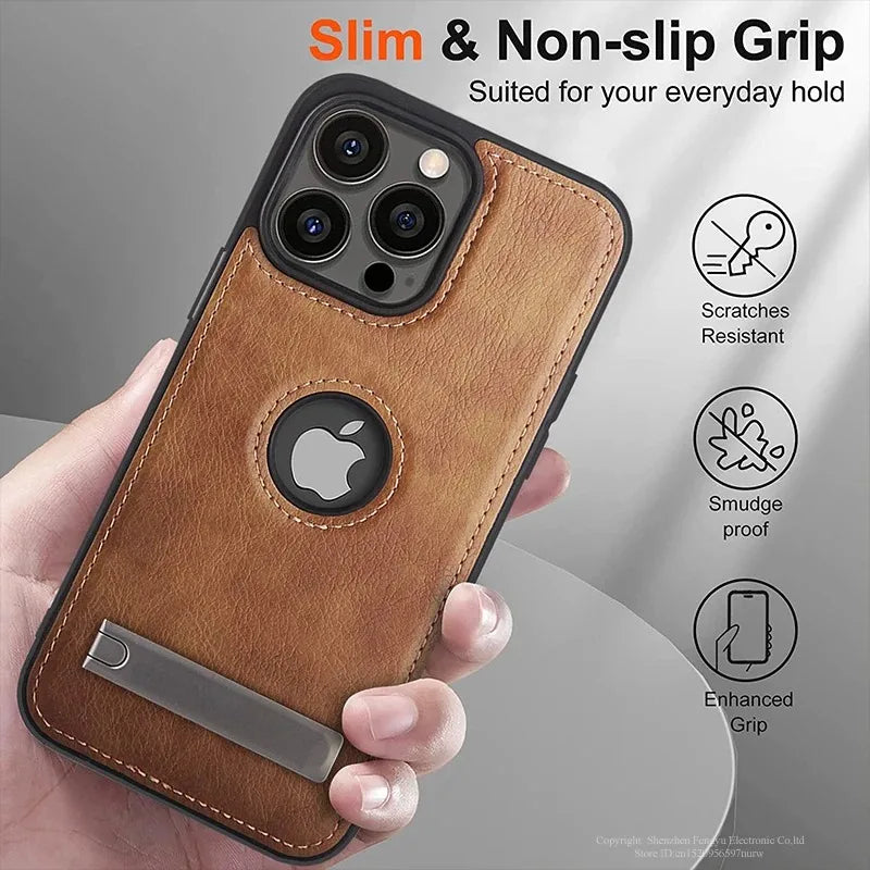PU Leather Phone Case with Kickstand for iPhone 17 16 15 Pro Max 14 Plus 13 12 11 Mini Soft Grip Luxury Back Cover with Stand