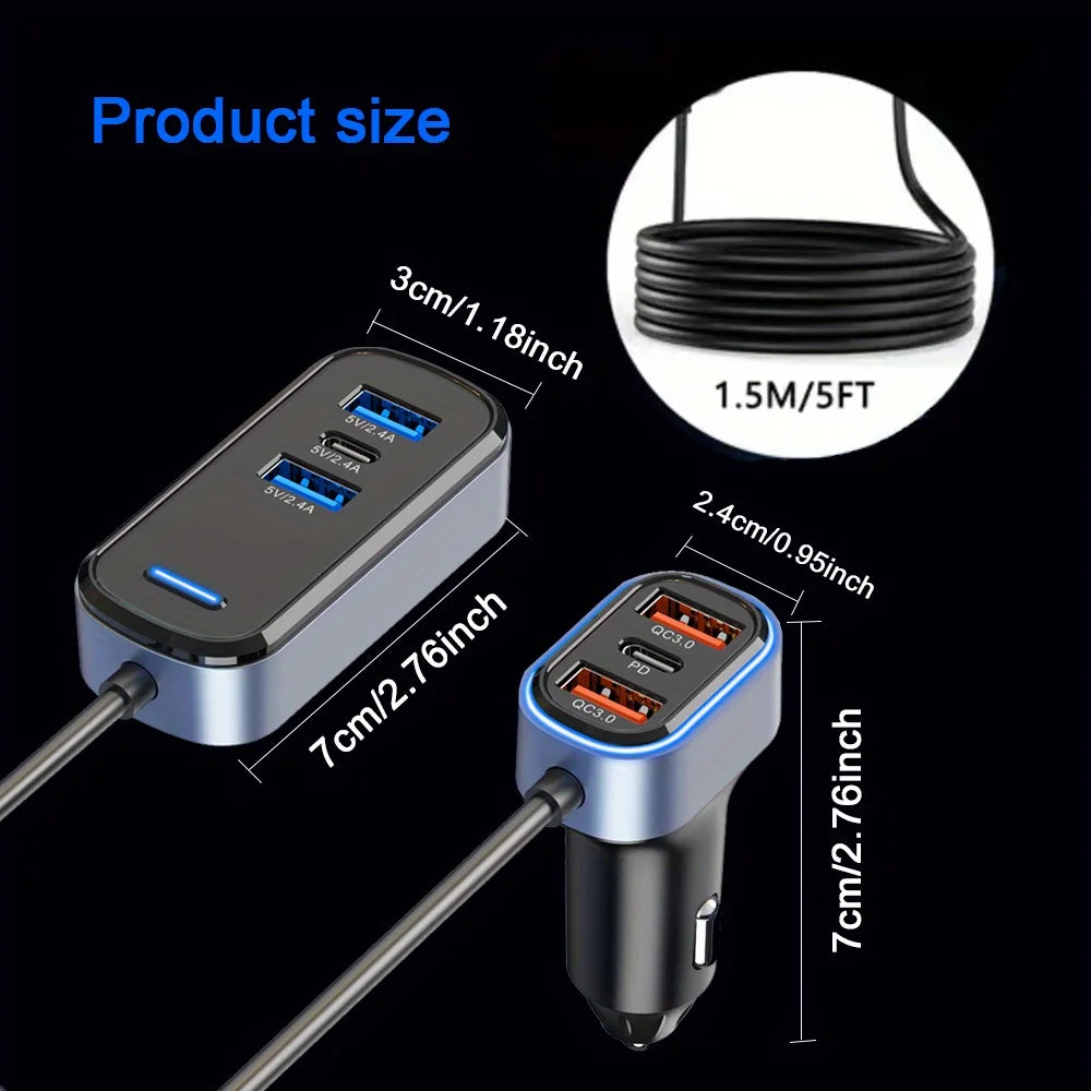 Car Charger USB C Adapter, 75.5W Car Charger 6-Port, High-Speed Car Accessories With Quick Charge PD 3.0 & 2.4A Dual Port, With 5FT Cable, For IPhone,For Android
