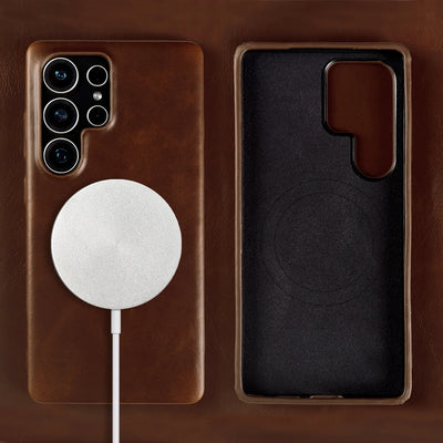 Full Wrapped Magnetic Genuine Leather Phone Case for Samsung Galaxy S25 Edge Cases S24 S23 S22 S21 S26 Wireless Charging Cover