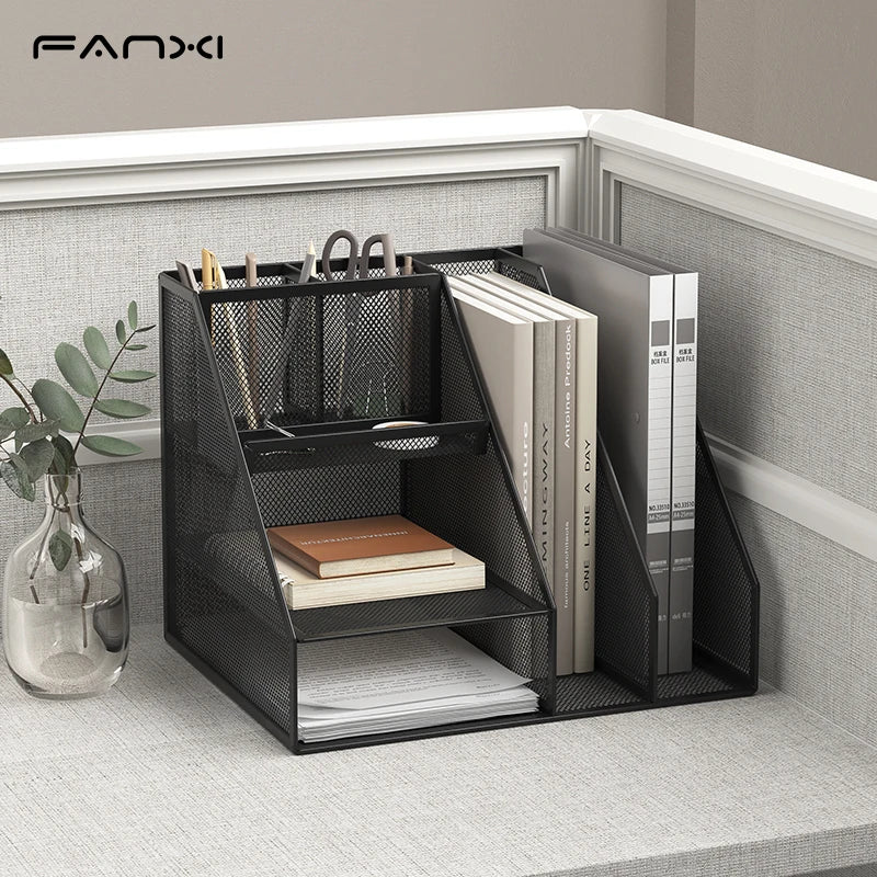 Desk Organizer with File Holder, Desk Organizers with 3 Tier Letter Trays and 2 Pen Holders, Mesh Desk Accessories & Workspace