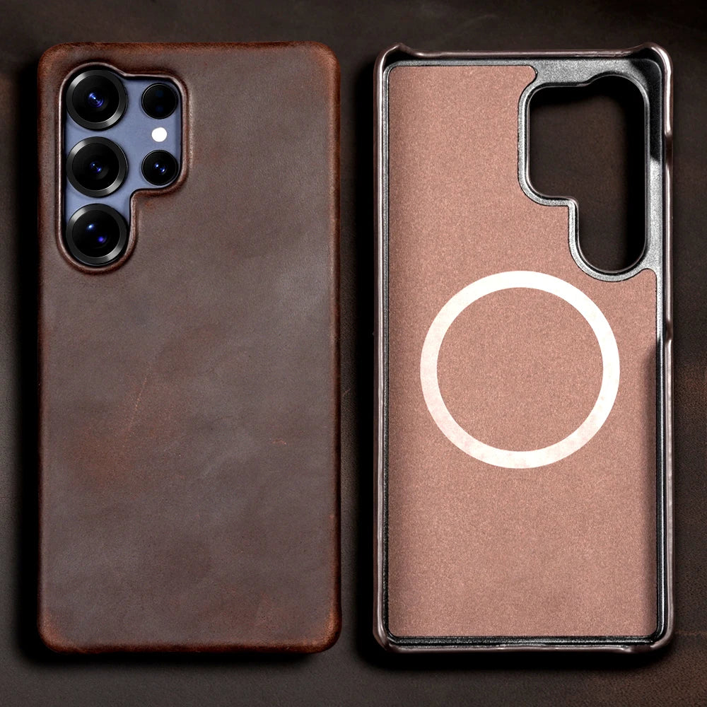 Retro for Magsafe Case for Samsung Galaxy S26 S24 S25 Ultra Plus S26+ Luxury Genuine PULL-UP Leather Magnetic Phone Back Cover