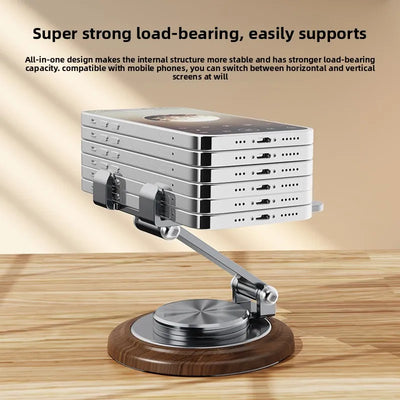 Black Walnut Wood Base Phone Holder Metal Stand 720° Rotating Foldable Desktop Stand Easy Storage for Mobile Phone Tablet Holder