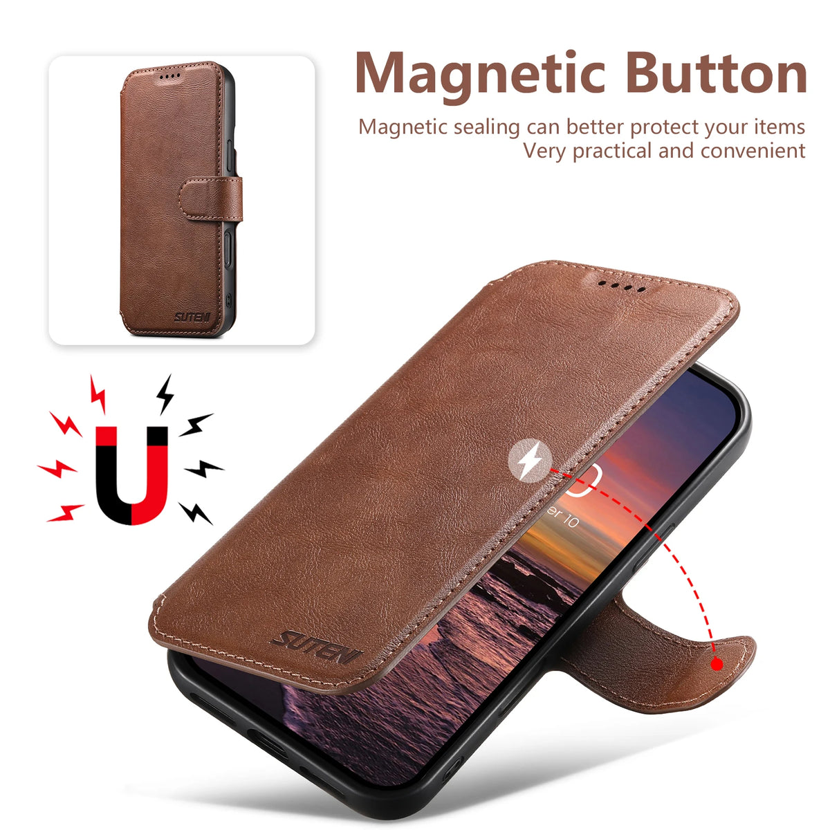SUTENI Faux Leather Wireless Charging Card Holder Stand Wallet Magnetic Flip Cover Phone Case For iPhone 18 Pro Max 17 16 Plus