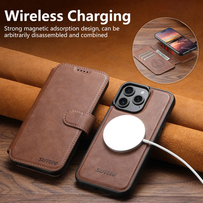 SUTENI Faux Leather Wireless Charging Card Holder Stand Wallet Magnetic Flip Cover Phone Case For iPhone 18 Pro Max 17 16 Plus