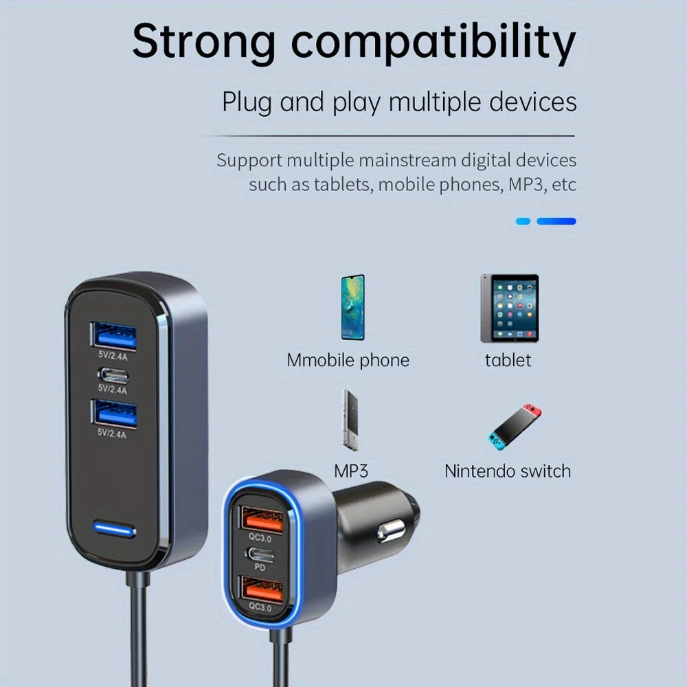 Car Charger USB C Adapter, 75.5W Car Charger 6-Port, High-Speed Car Accessories With Quick Charge PD 3.0 & 2.4A Dual Port, With 5FT Cable, For IPhone,For Android