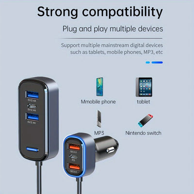 Car Charger USB C Adapter, 75.5W Car Charger 6-Port, High-Speed Car Accessories With Quick Charge PD 3.0 & 2.4A Dual Port, With 5FT Cable, For IPhone,For Android