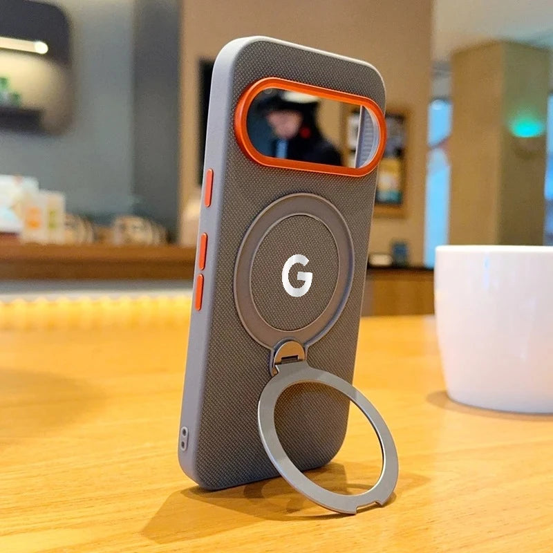 Busines Texture Woven Leather Magnetic Rotable Bracket Case For Google Pixel 11 Pro 10 Pro XL Alloy Button Lens Frame Back Cover