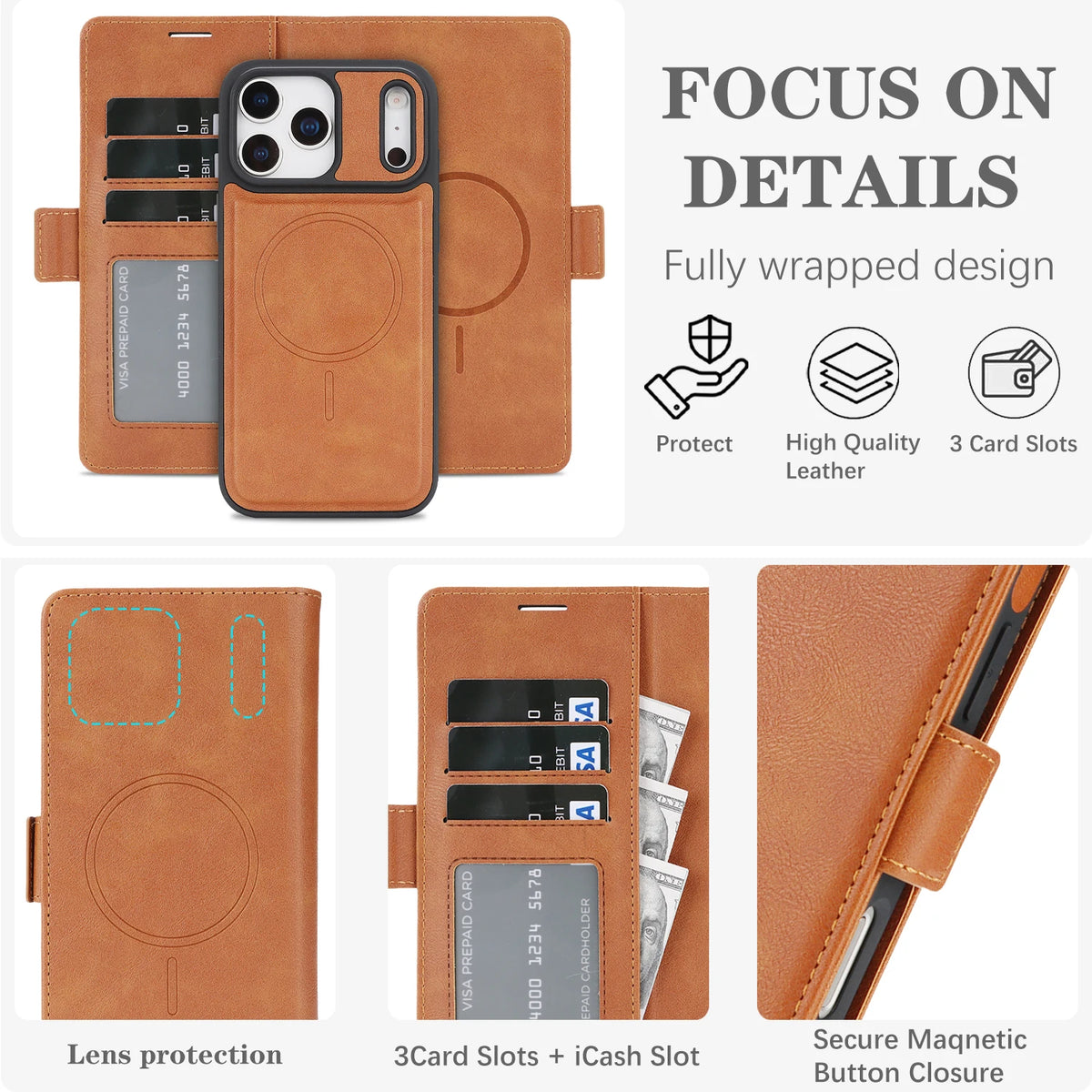 2-in-1 Detachable Leather Wallet Case for iPhone 18 17 16 15 14 13 12 Pro Max 17e 16e Magnetic Luxury Business Protective Cover