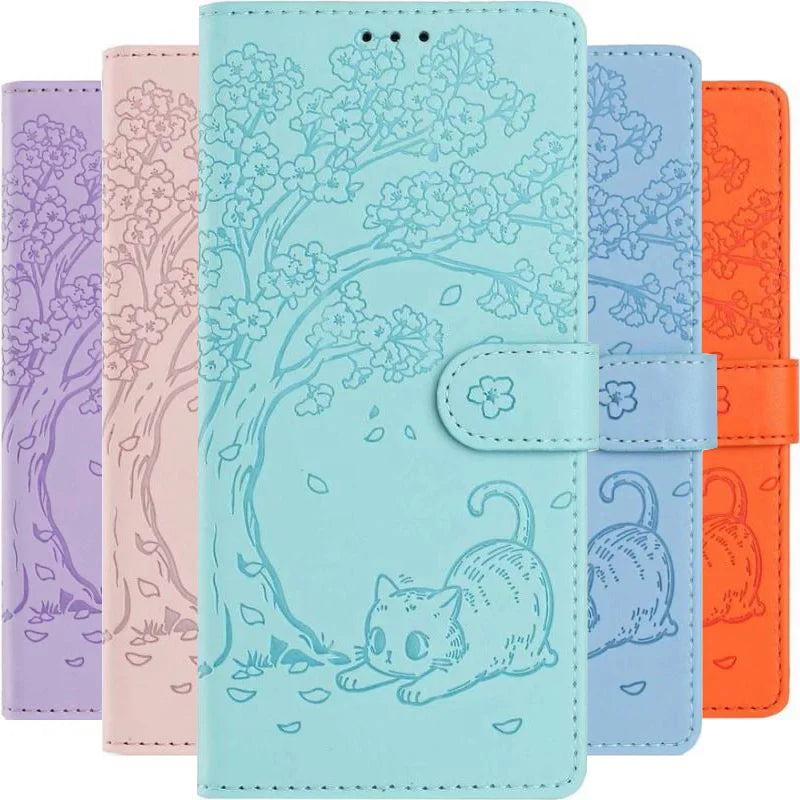 Cute Phone Case For Samsung Galaxy S5 S26 S25 Edge S24 S23 S21 FE S22 Plus Ultra Cash Wallet Cats Under Tree Flip Stand Fundas