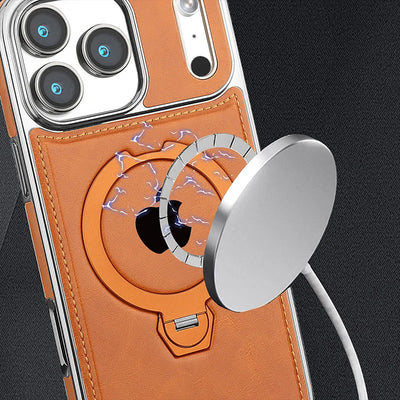 Magnetic Rotat Bracket Luxury Leather Phone Case For iPhone 12 13 14 15 16 17 18 Pro Max Plus Wireless Charging Shockproof Cover