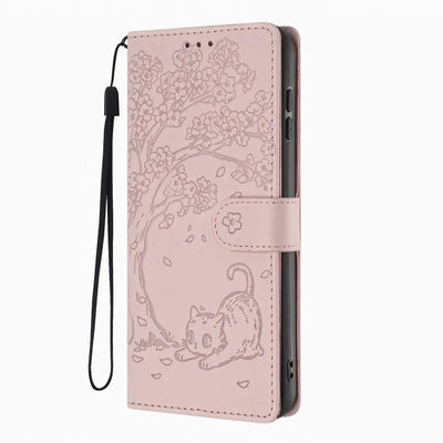 Cute Phone Case For Samsung Galaxy S5 S26 S25 Edge S24 S23 S21 FE S22 Plus Ultra Cash Wallet Cats Under Tree Flip Stand Fundas