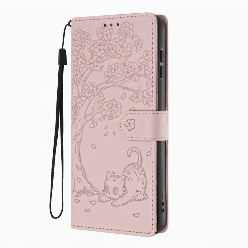 Cute Phone Case For Samsung Galaxy S5 S26 S25 Edge S24 S23 S21 FE S22 Plus Ultra Cash Wallet Cats Under Tree Flip Stand Fundas