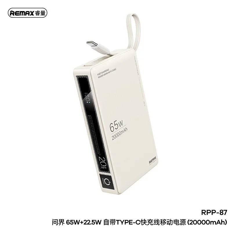Remax 65W 20000mAh PowerBank Type C For Laptop Tablet Phone Spare battery Portable Charger Mobile External Battery Fast charging