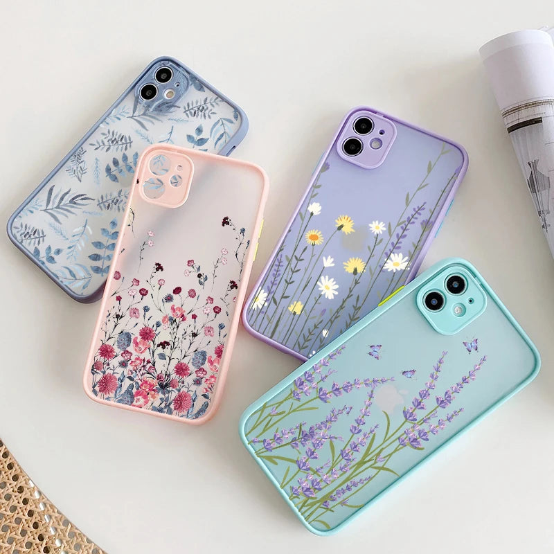 Painted Flower Phone Case For iPhone 15 13 14 12 11 Pro Max Mini 7 8 Plus SE Mini Shockproof Matte Hard Back Cover Shell Fundas